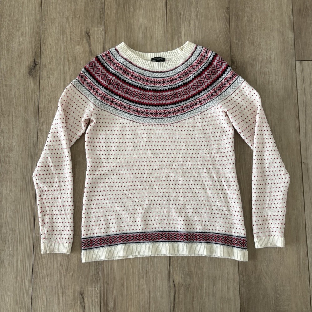 Talbots Hearts Fair Isle Crewneck Sweater White Red‎ Lambs Wool Blend Women's P
